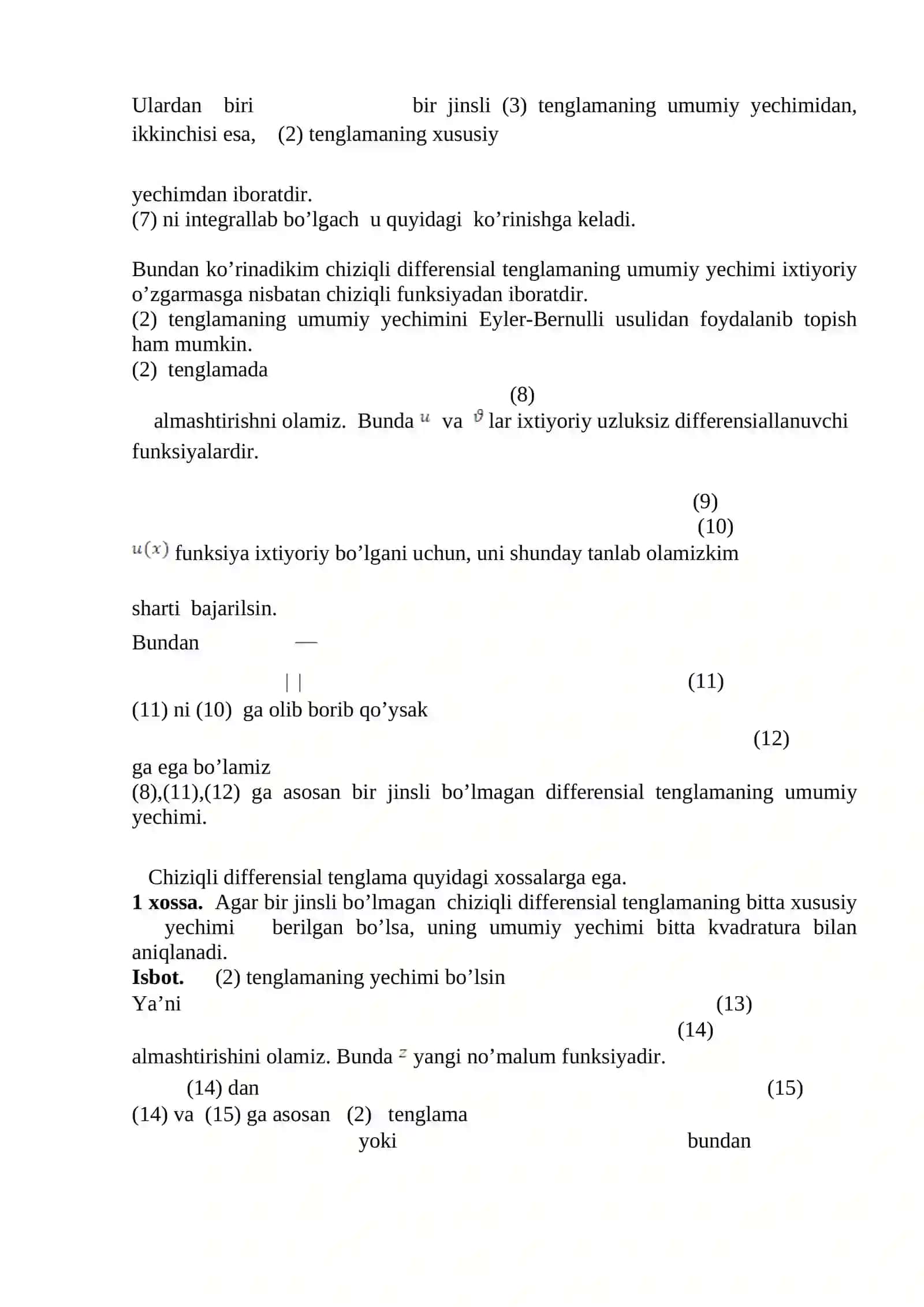 Birinchi tartibli chiziqli differensial tenglamalar va ularning xossalari 2