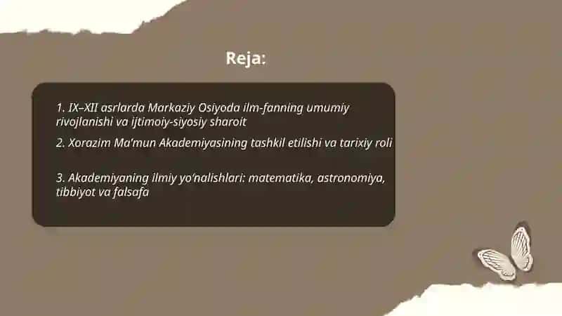 IX-XII asrlarda Markaziy Osiyoda ilm-fan va qo‘lyozma kitobchilik ishining rivojlanishi Xorazim Maʼmun Akademiyasi olimlarning ilm-fan va kitobchilik ishiga qo‘shgan hissalari 2