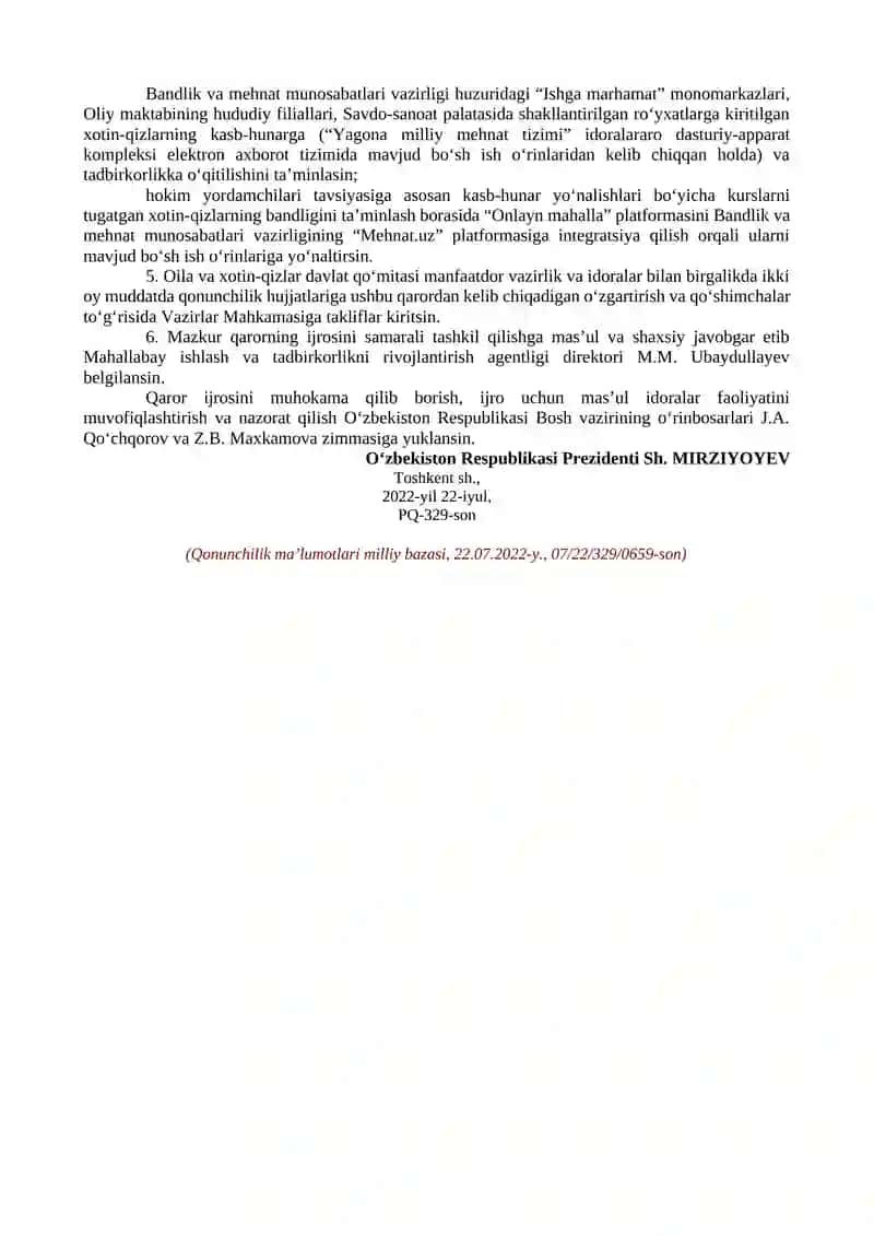 XOTIN-QIZLARNI KASB-HUNAR VA TADBIRKORLIKKA O‘QITISH TIZIMINI TAKOMILLASHTIRISHGA DOIR QO‘SHIMCHA CHORA-TADBIRLAR TO‘G‘RISIDA 2