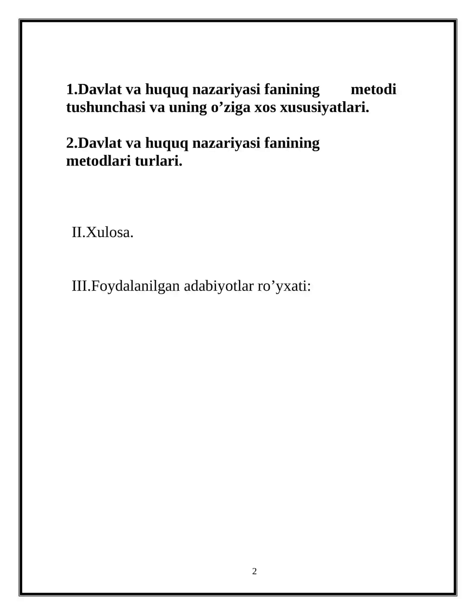 “DAVLAT VA HUQUQ NAZARIYASI FANINING O‘RGANILISH METODLARI” MAVZUSIDAGI KURS ISHI 2