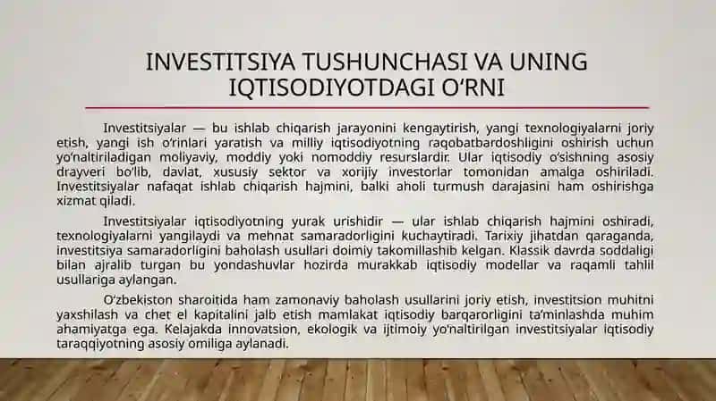 Investitsiyalar iqtisodiy samaradorligini baholash nazariyasi va amaliyoti tarixi 2