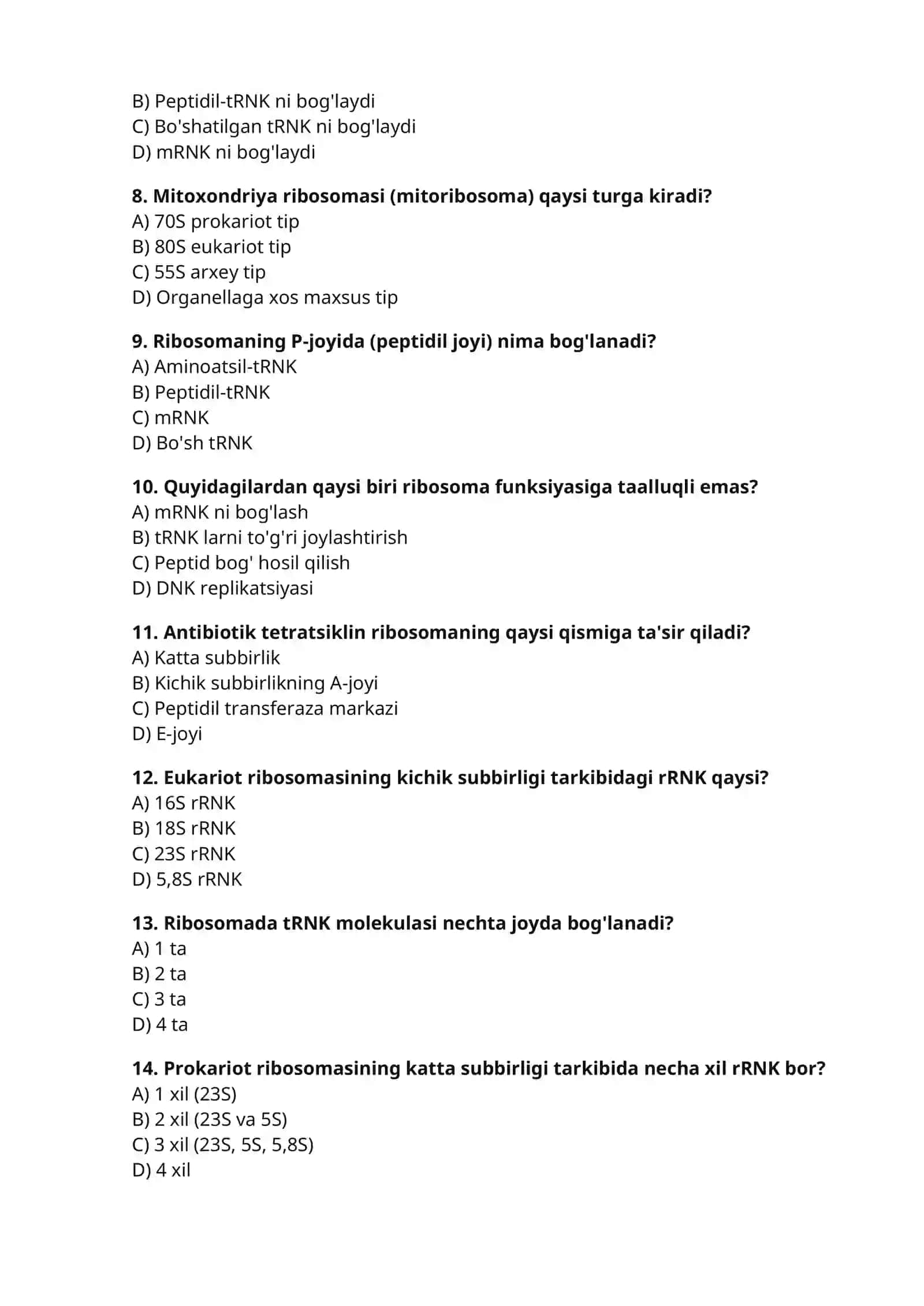 RIBOSOMANING TARKIBIY QISMLARI VA HAR XIL TURLARI test 2