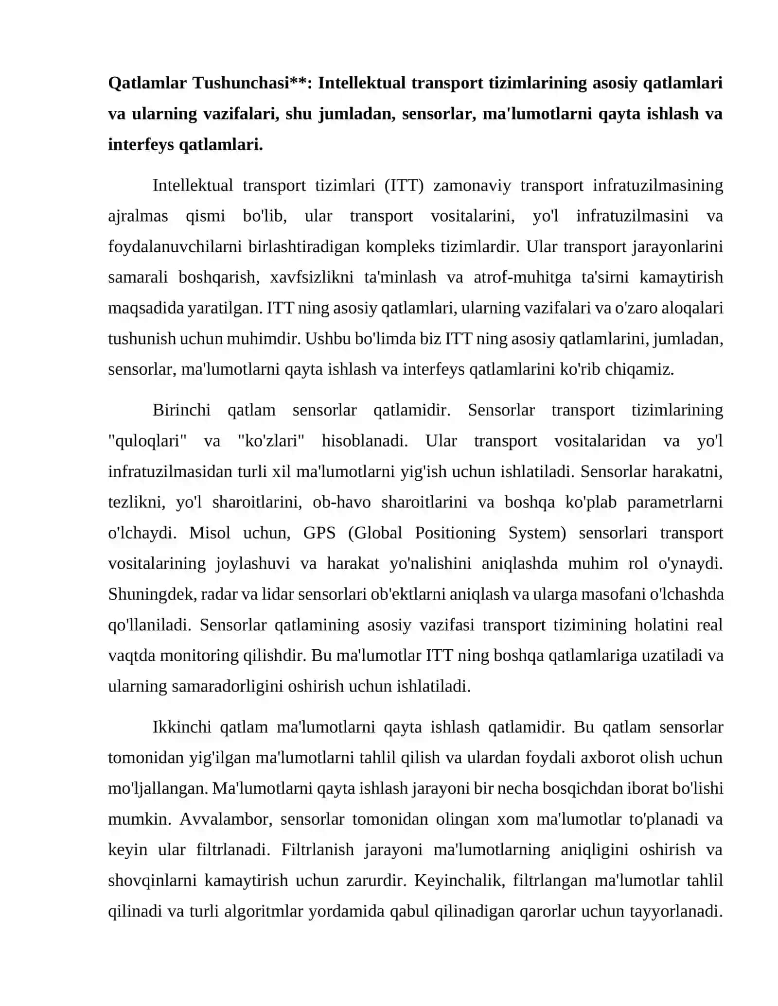 Intellektual transport tizimlari nechta qatlamlardan iborat 2