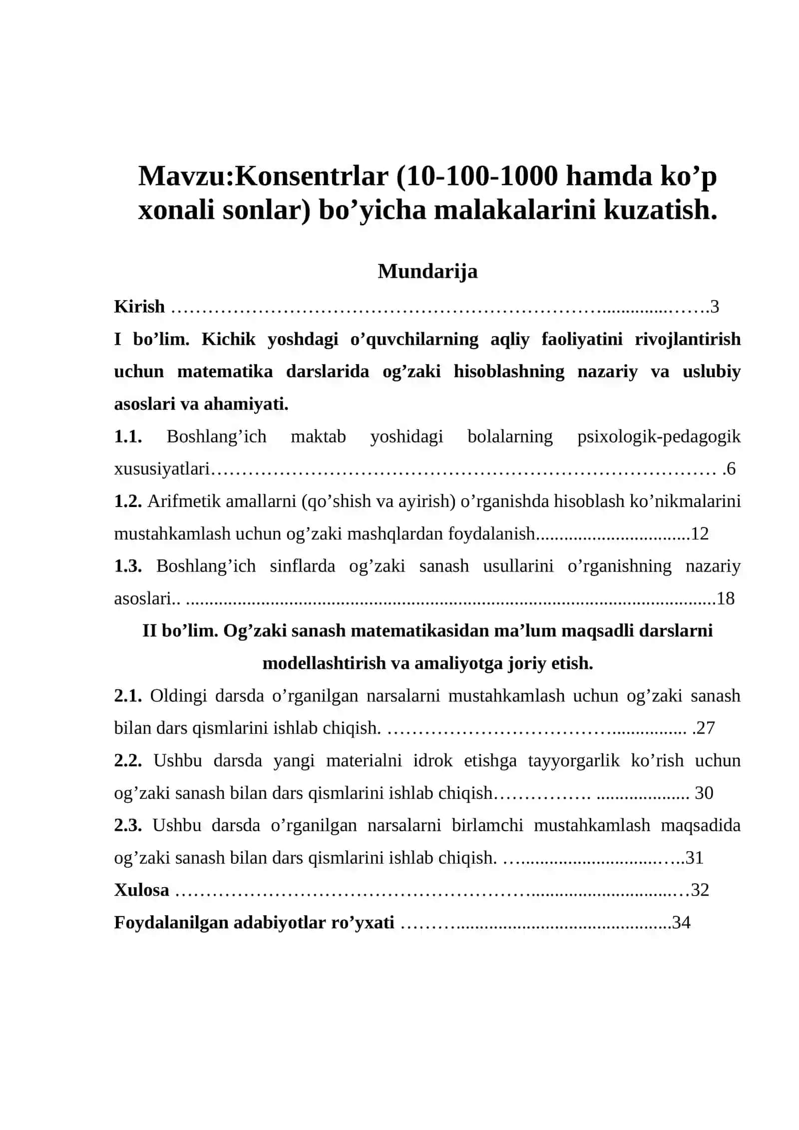 Konsentrlar (10-100-1000 hamda ko’p xonali sonlar) bo’yicha malakalarini kuzatish 2