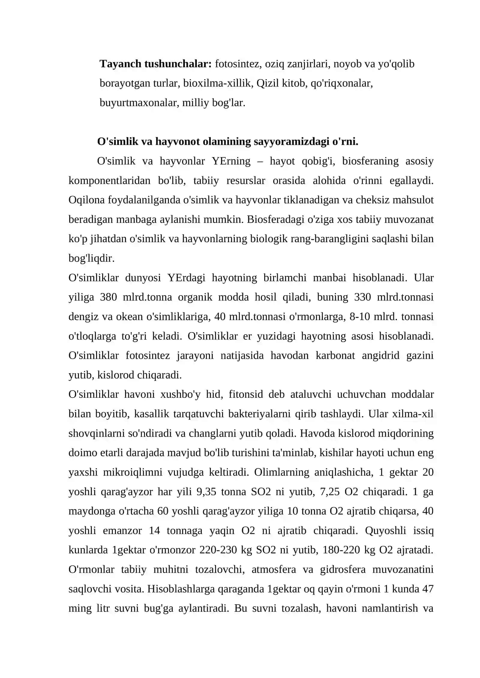 O'simlik va hayvonot olamining sayyoramizdagi o'rni 2