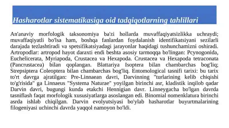 Entamologiya fanidan tayyorlagan mustaqil ta'lim ishi 2