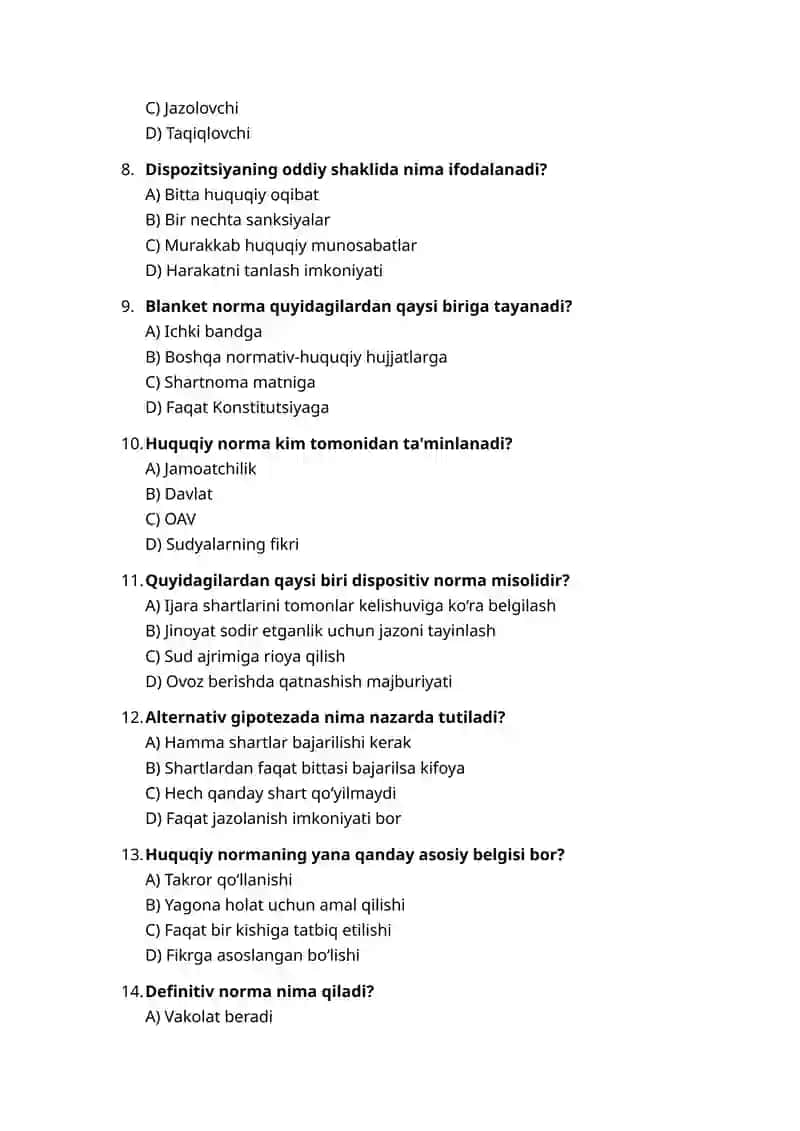 Huquq normasi test savollari 2