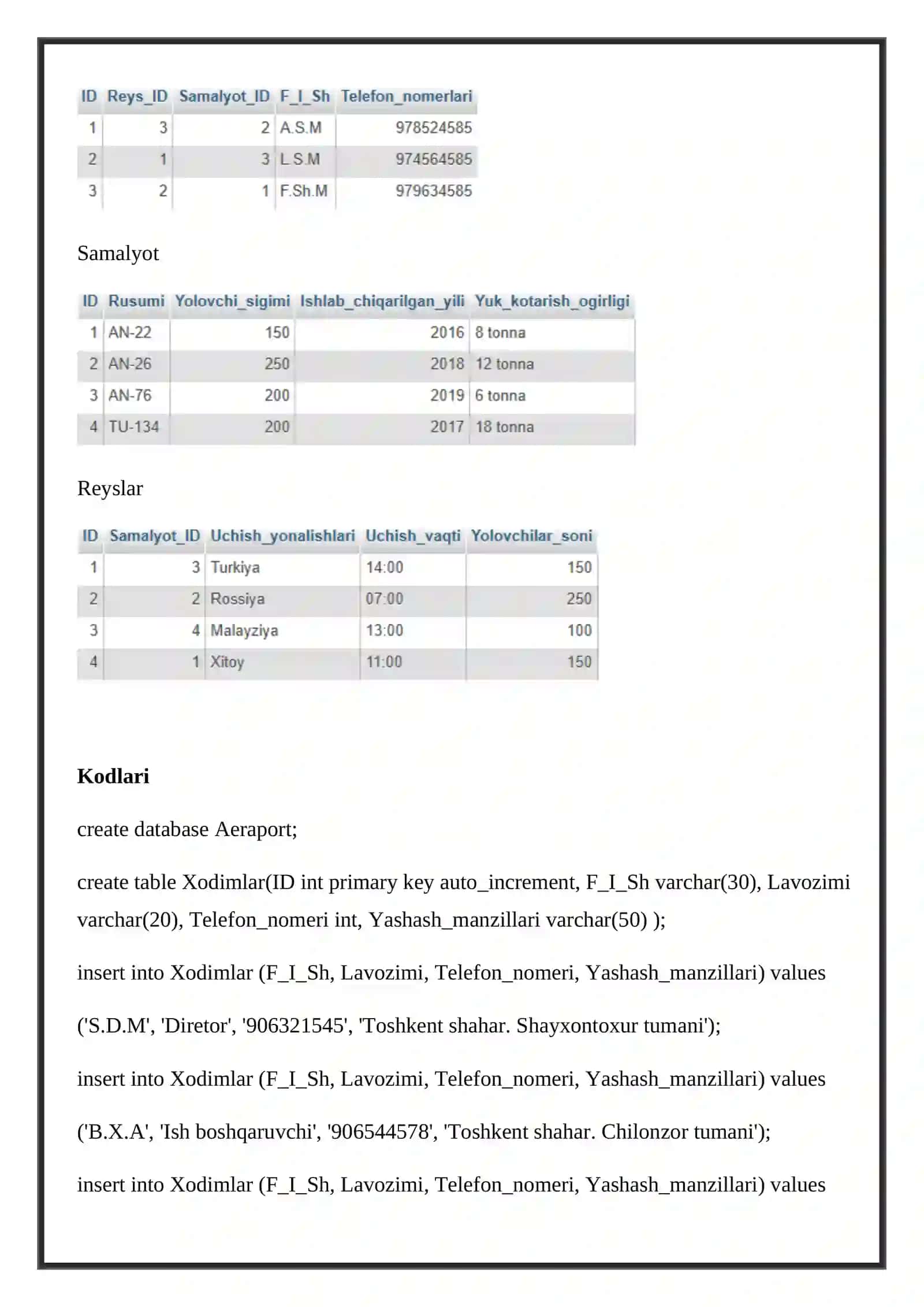 Ma'lumotlar bazasini loyihalash, SQL yordamida ma'lumotlar bazasini yaratish 2