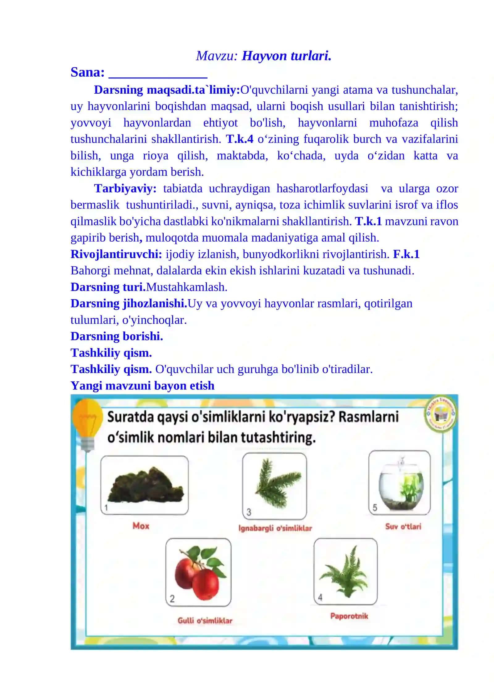 4-sinf Tabiiy fandan Hayvon turlari 1-chorak dars ishlanmasi 2