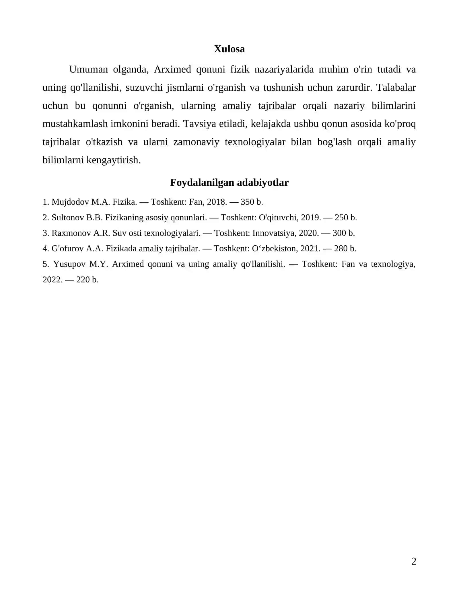Arximed qonuni va uning qoʻllanilishi. Jismlarning suzishi 2
