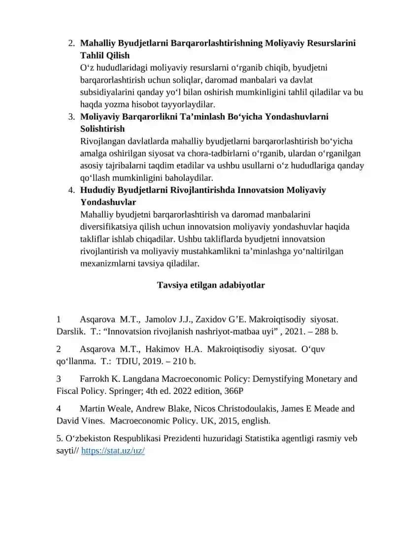 Hududlarni Kompleks Rivojlantirish Siyosati va Mahalliy Byudjetlarning Moliyaviy Barqarorligini Ta’minlash bo‘yicha amaliy mashg‘ulot 2