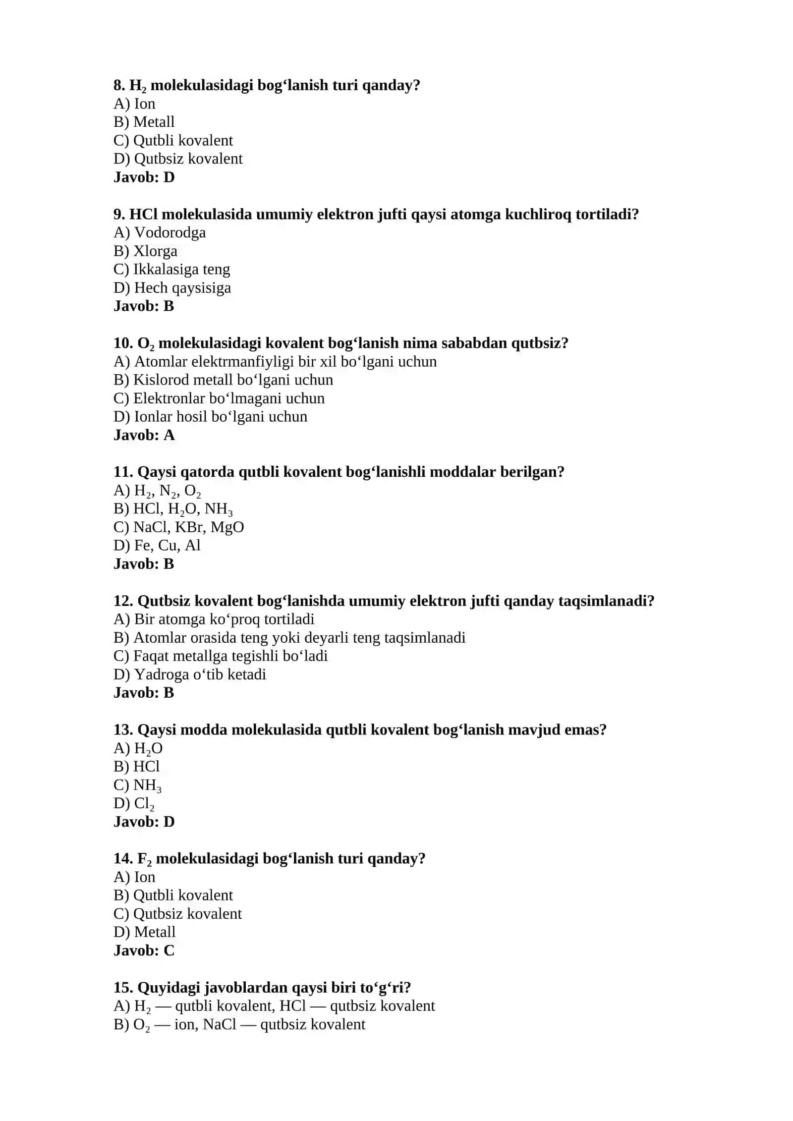 Kimyoviy bog‘lanish turlari. Qutbli va qutbsiz kovalent bog‘lanish 2