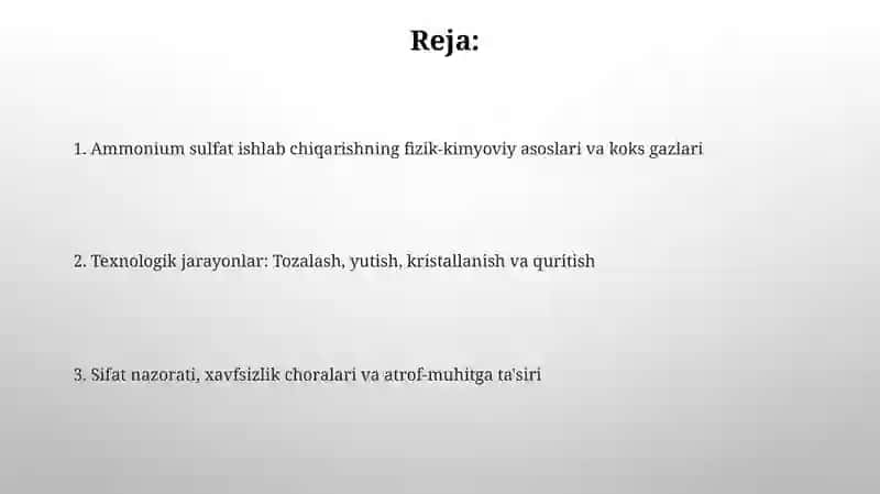 Ammoniy sulfat ishlab chiqarishning fizik-kimyoviy asoslari va koks gazlari 2