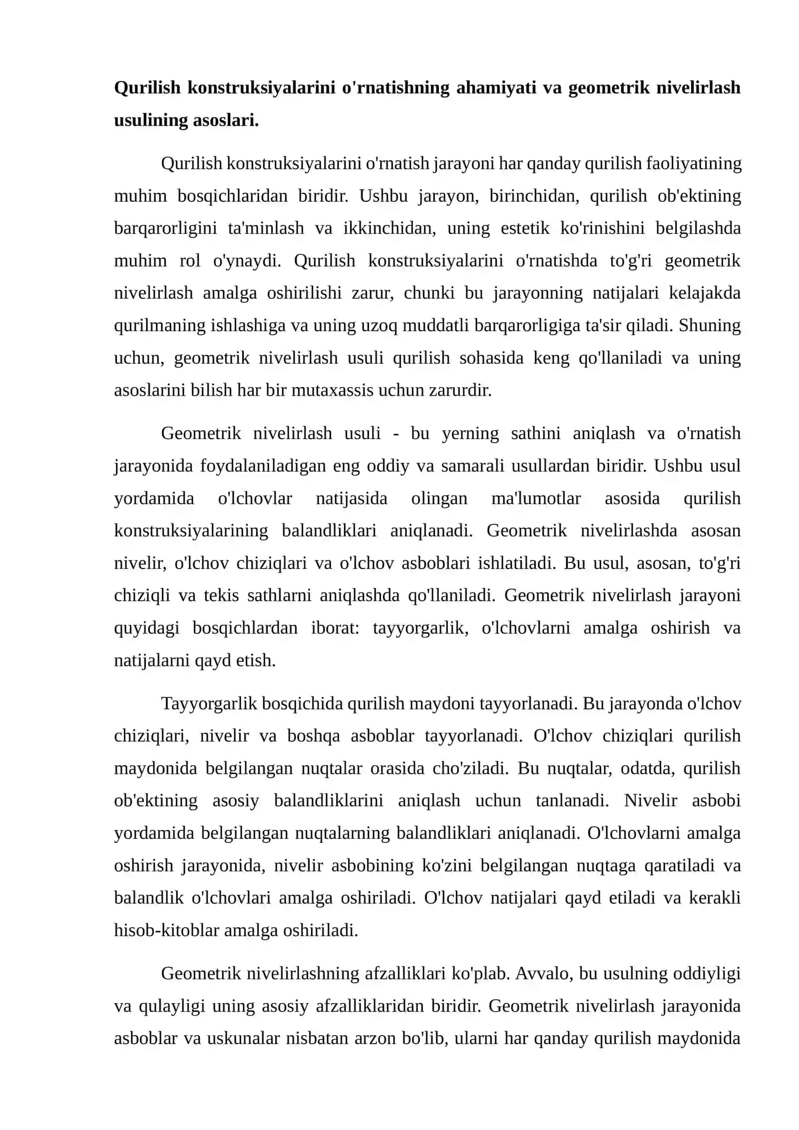 Qurilish konstruksiyalarini balandlik bo'yicha o'rnatish geometrik nivelirlash usuli 2