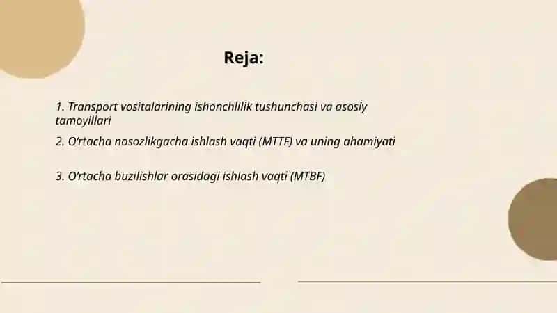 Transport vositalari texnik xolati va ishlash qobiliyatlari ishonchlilik xususiyatlari va ularni ko‘rsatkichlari 2
