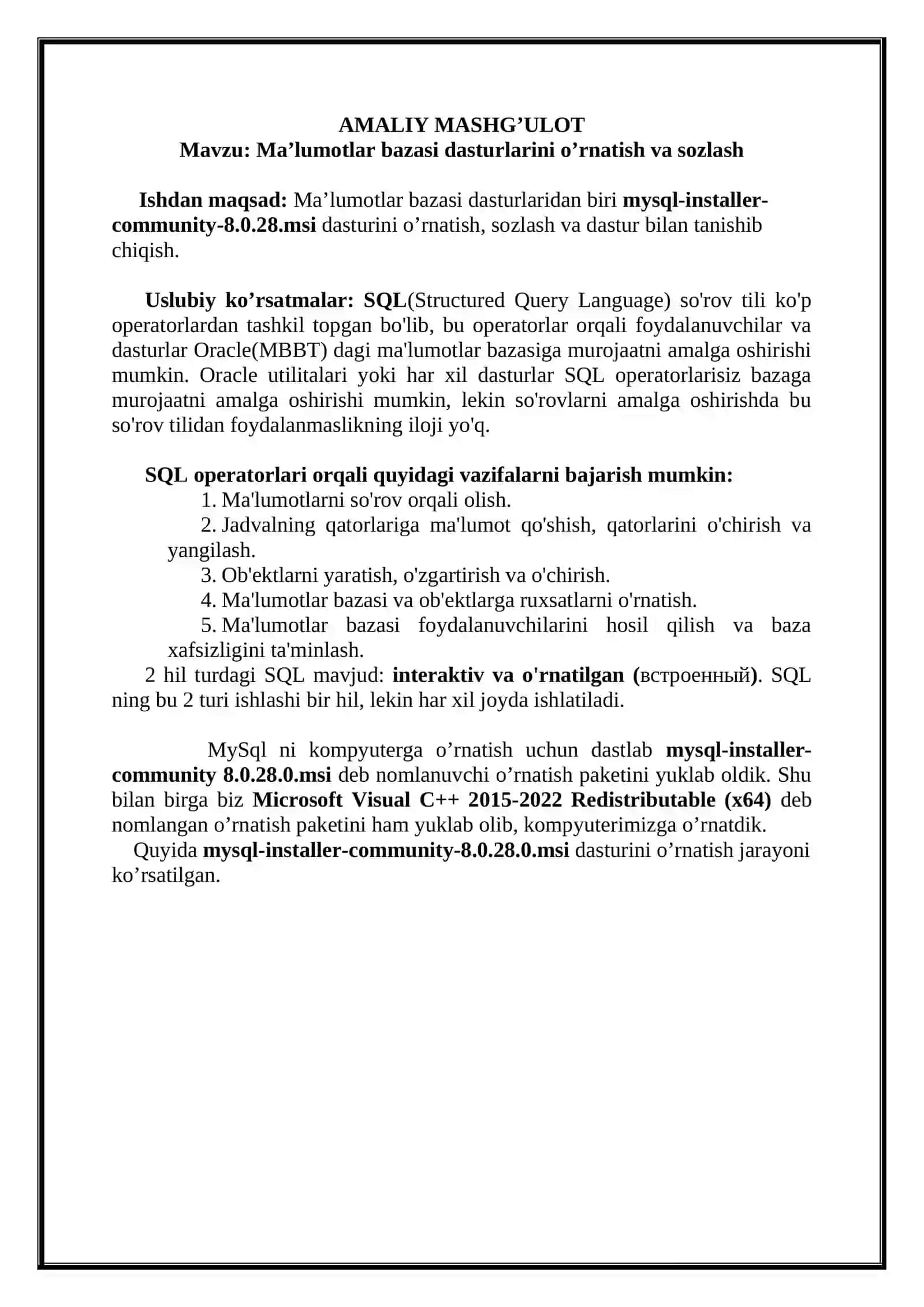 Ma’lumotlar bazasi dasturlarini o’rnatish va sozlash 2
