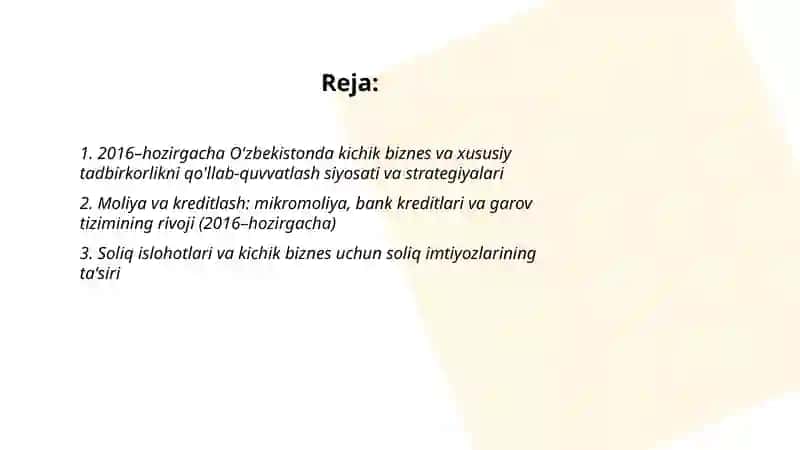 Kichik biznes va xususuy tadbirkorlikni rivojlantirish (2016 dan hozirgacha) 2