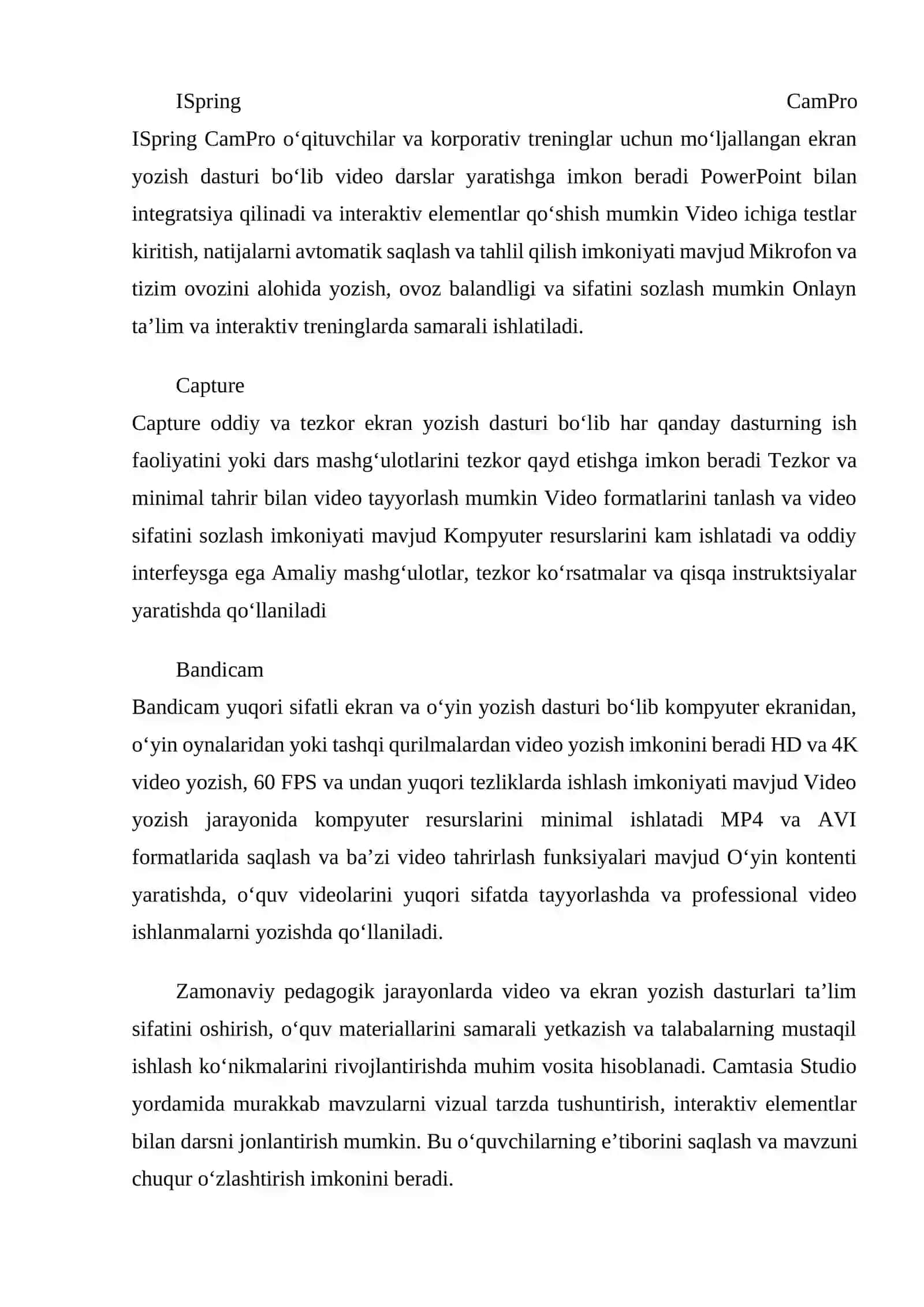 Camtasia Studio, ISring CamPro, Capture, Bandicam dasturlari va ularning imkoniyatlari 2