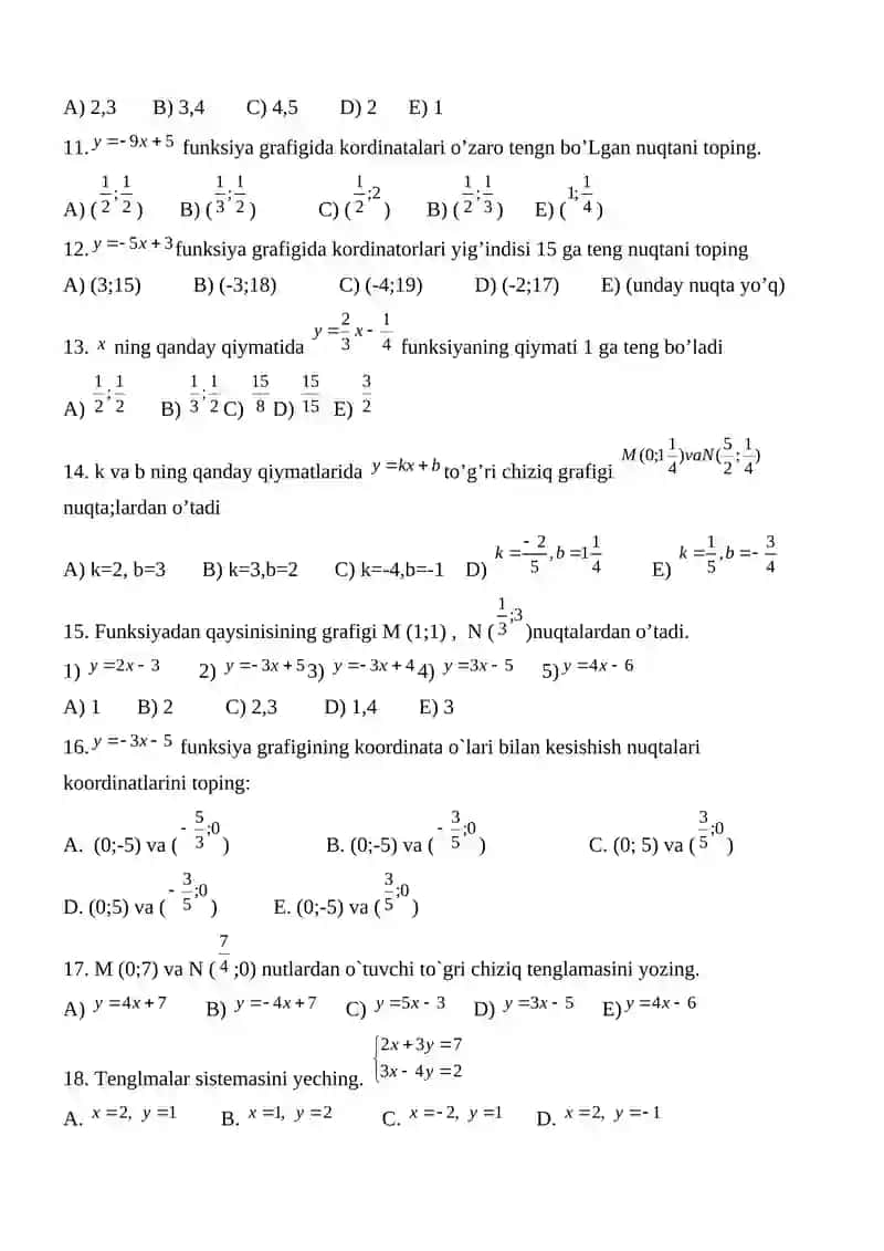 8-sinf. MATEMATIKA. I-chorak I – variant 2