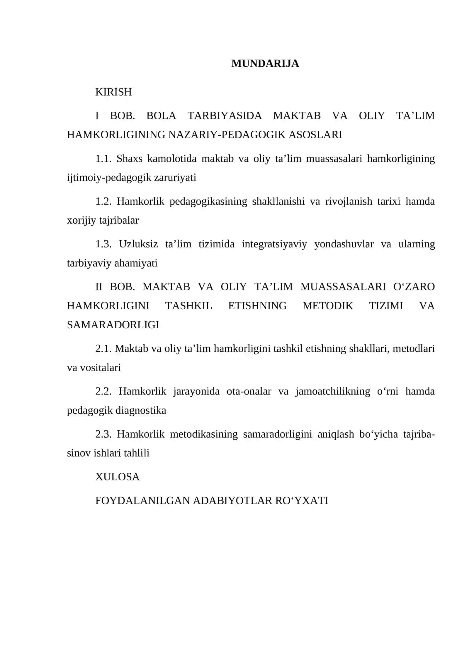 BOLA TARBIYASIDA MAKTAB VA OLIY TAʼLIMNING OʻZARO HAMKORLIGINI TASHKIL QILISH METODIKASI 2