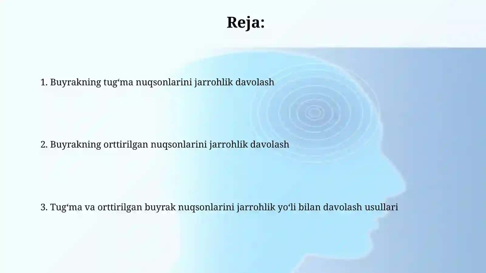 Buyrakning tugʻma va orttirilgan nuqsonlarini operativ davolash uslublari 2