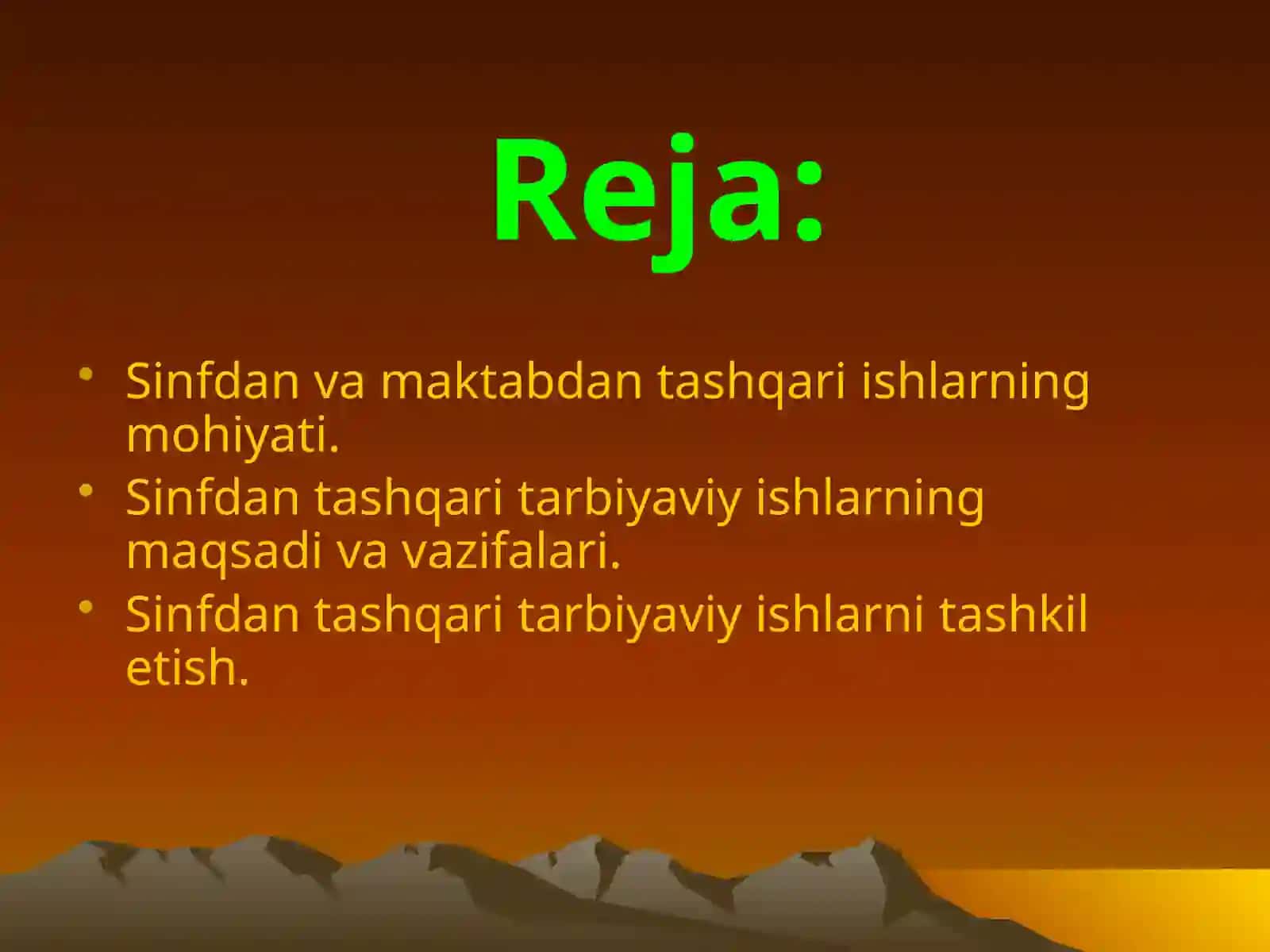 Sinfdan va maktabdan tashqari tarbiyaviy ishlarni rejalashtirish texnologiyasi dars va darsdan tashqari tarbiyaviy faoliyatini rejalashtirish 2
