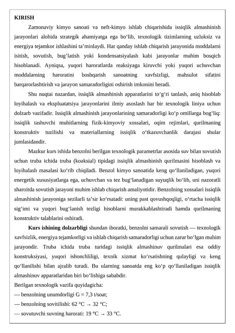 Benzolni suv bilan sovutish uchun truba ichida truba issiqlik almashinish qunimasini hisoblang va lo 2