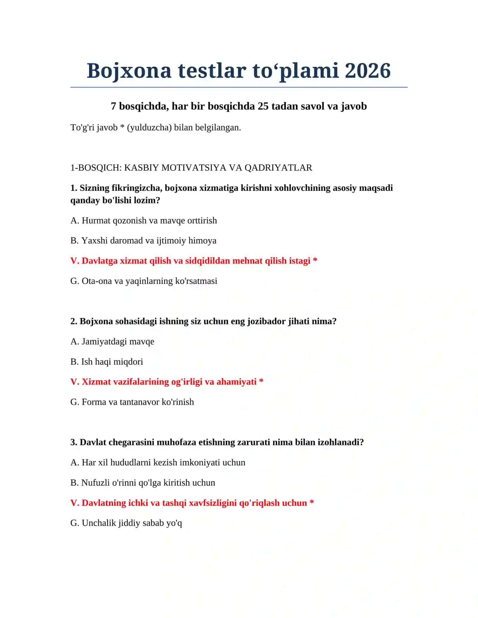 Bojxona testlar to‘plami 2026 2