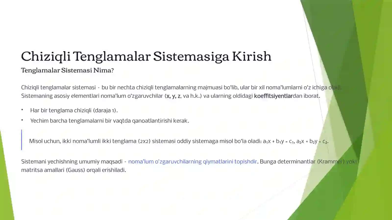 Chiziqli Tenglamalar Sistemasini Krammer va Gauss Usullarida Yechish 2