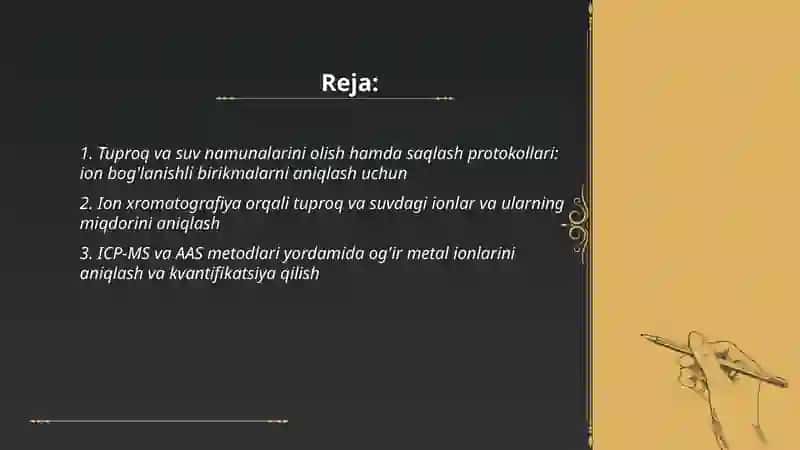 Tuproq va suvning ifloslanishida ion bog'lanishli birikmalarni aniqlab, ulardan tozalash usulini ishlab chiqish 2