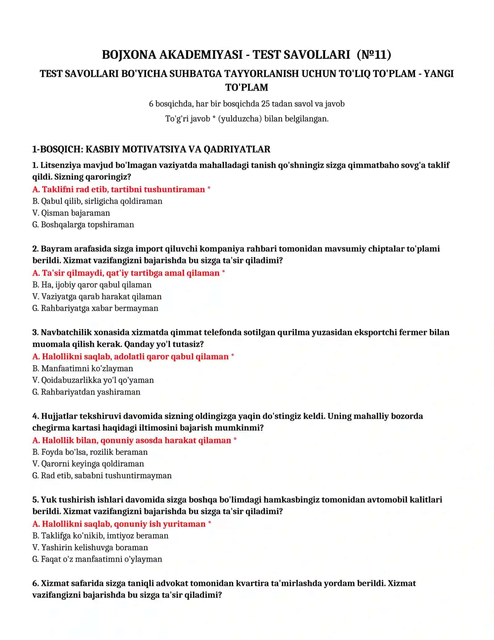 TEST SAVOLLARI (№ 11) 2