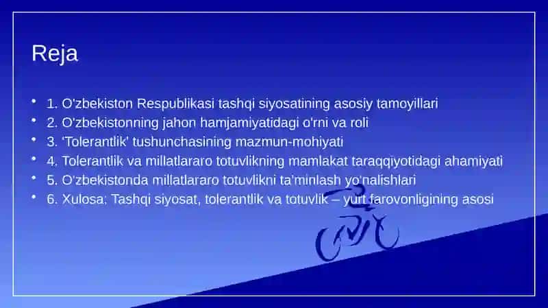 O'zbekiston Respublikasi tashqi siyosatining muhim yo'nalishlari. O'zbekistonning jahon hamjamiyatida tutgan o'rni 2
