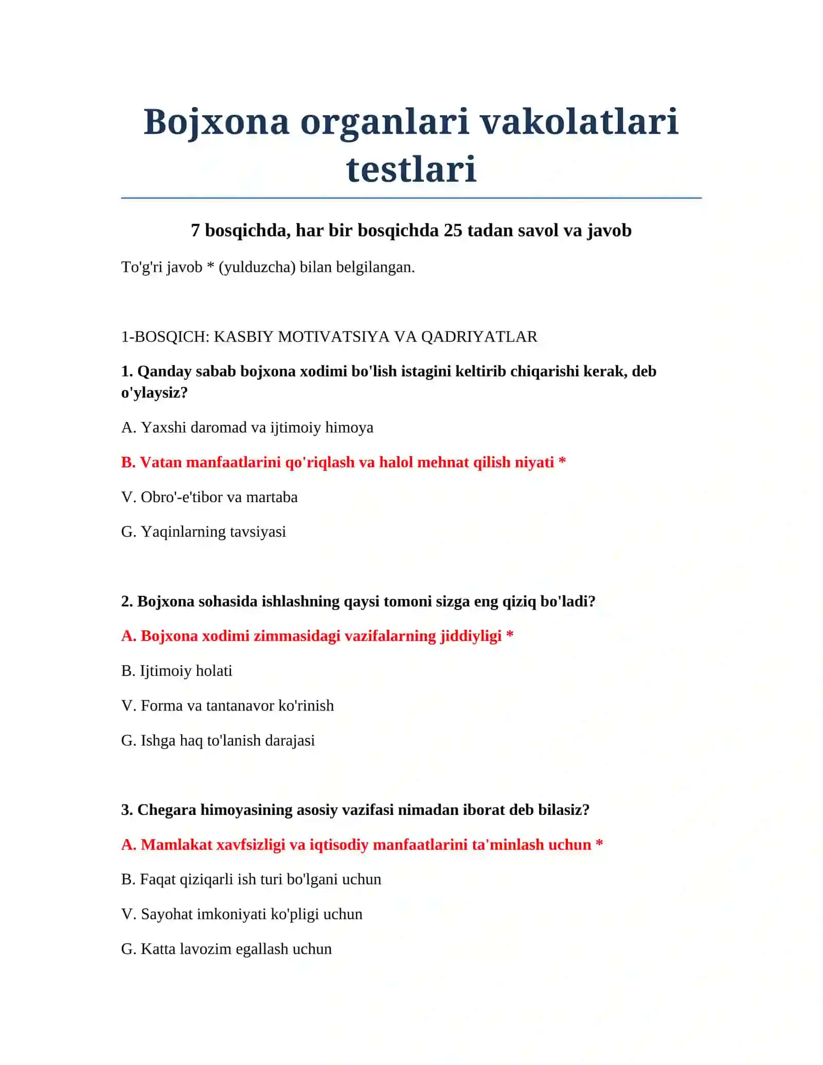 Bojxona organlari vakolatlari testlari 2
