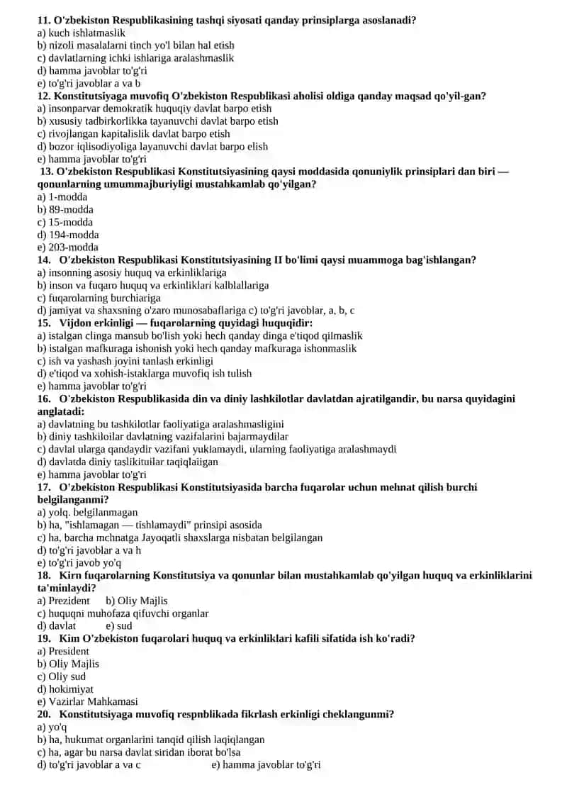 9- sinf uchun huquq fanidan test savollari 2