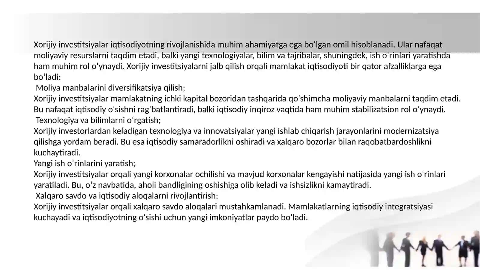 Iqtisodiyotning rivojlanishiga xorijiy investitsiyalarning ahamiyatini oshirish 2