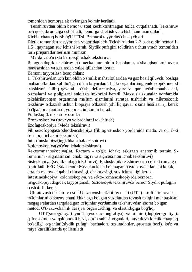 Bemorni ultratovush, endoskopik va rentgenologik tekshiruvga tayyorlash Muolajalar algoritimi 2