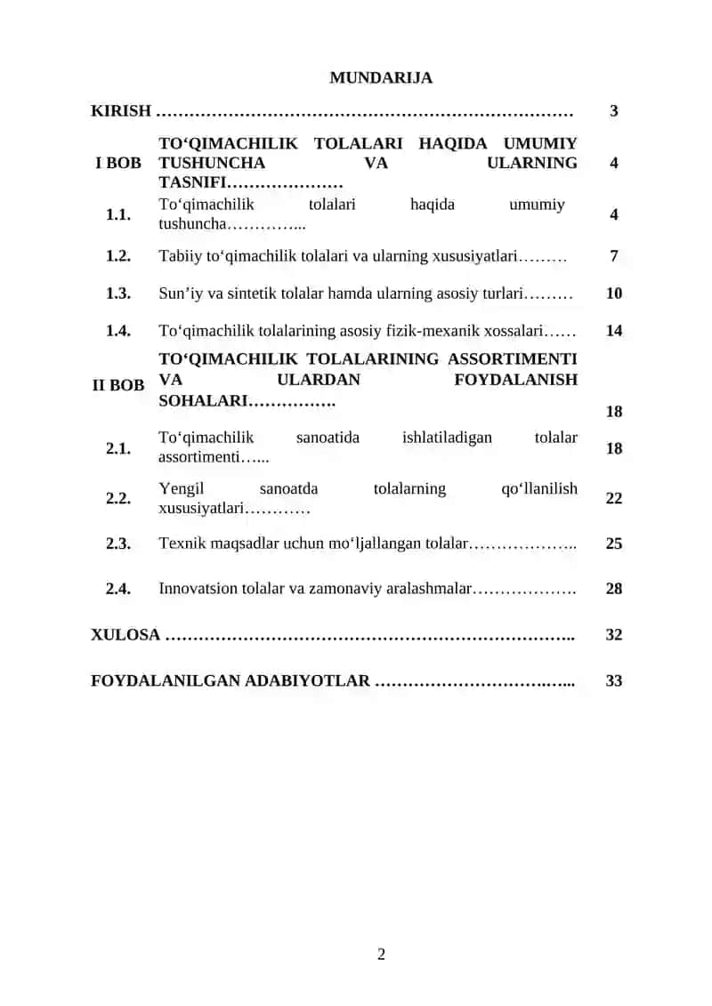 TO'QIMACHILIK TOLALARI HAQIDA UMUMIY TUSHUNCHA. TO'QIMACHILIK TOLALARINING TASNIFI VA ASSORTIMENTI 2