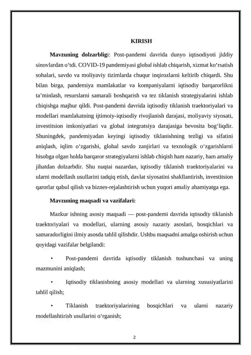Bob. Post-pandemi davrida iqtisodiy tiklanish nazariy asoslari 2