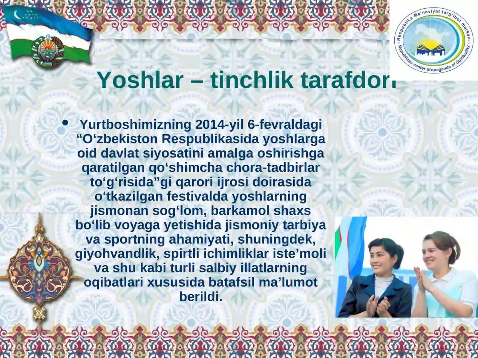 Tinchlik va barqarorlikni ta`minlashda yoshlarning o`rni va vazifalari 2