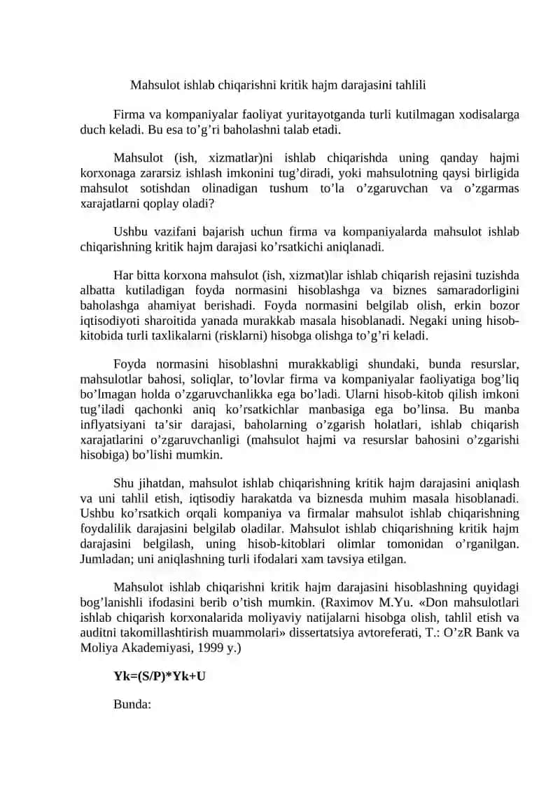 Mahsulot ishlab chiqarishni kritik hajm darajasini tahlili 2
