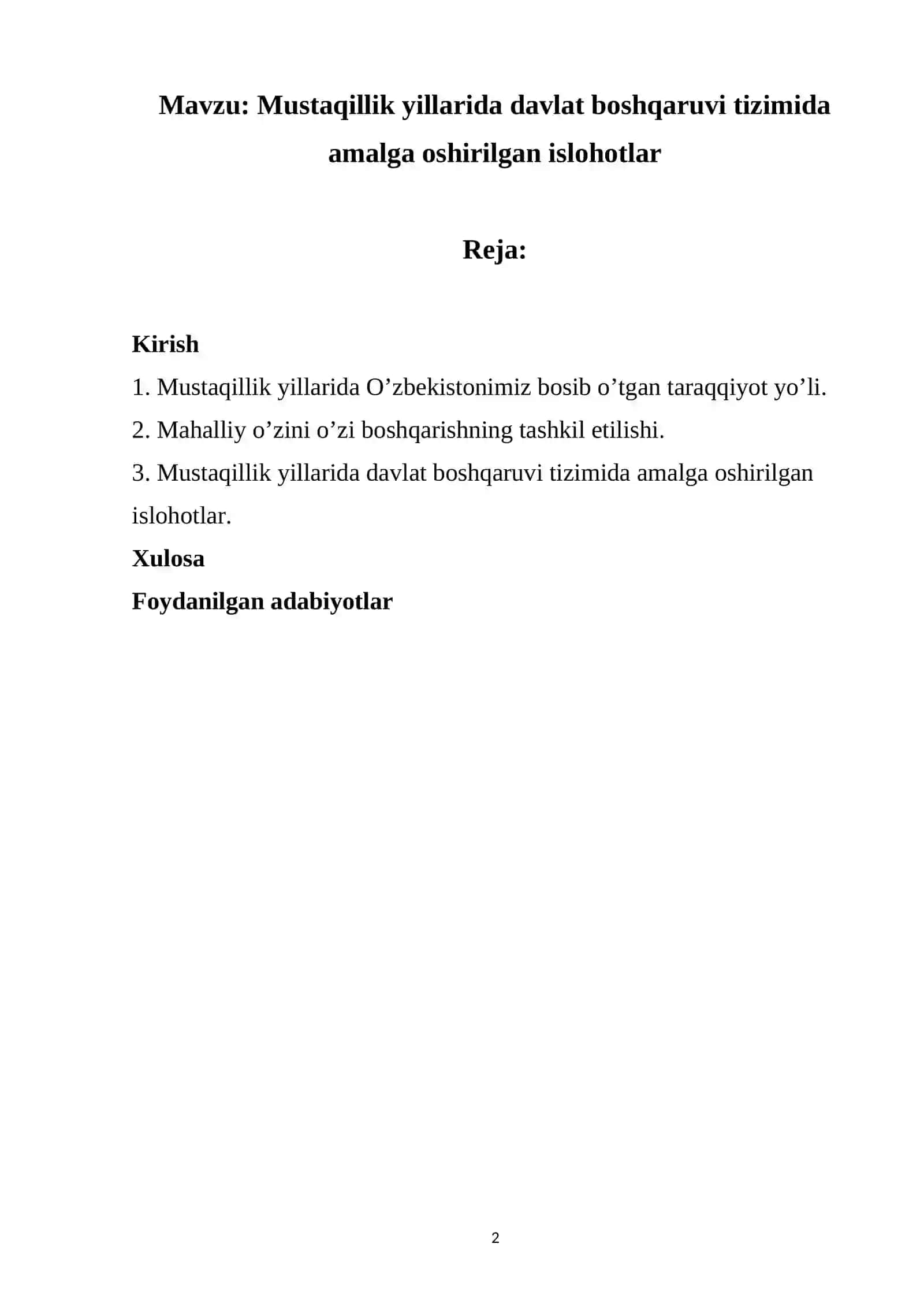 Mustaqillik yillarida davlat boshqaruvi tizimida amalga oshirilgan islohotlar 2
