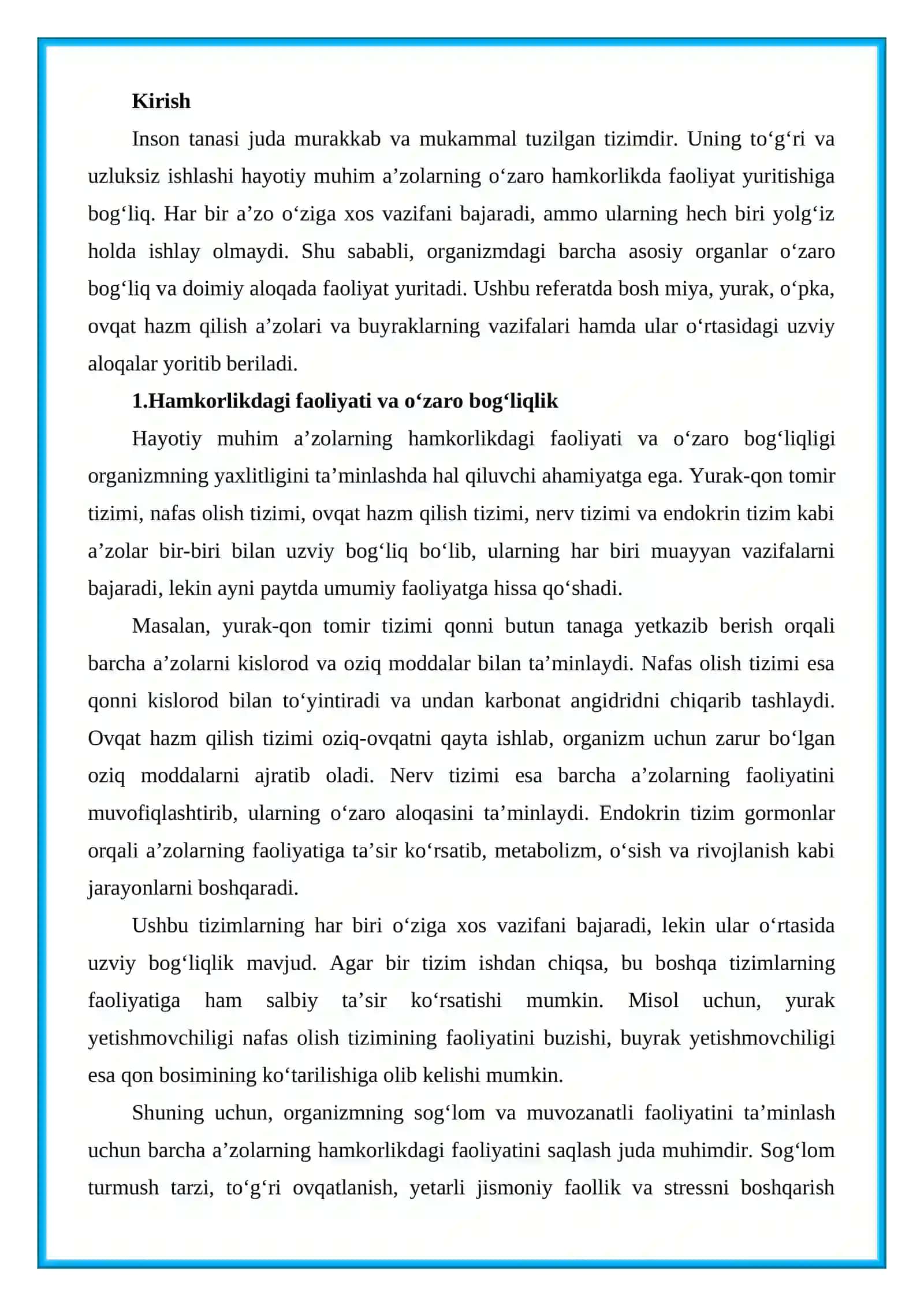 Hayotiy muhim a’zolarning hamkorlikdagi faoliyati va o‘zaro bogʻliqligi 2