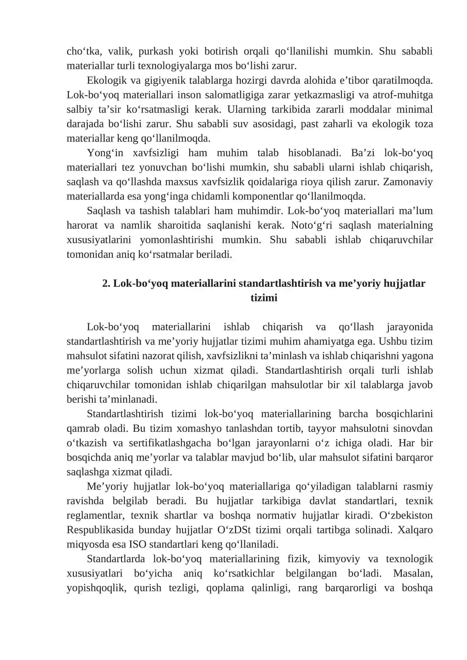 LOK-BO‘YOQ MATERIALLARIGA QO‘YILADIGAN TALABLAR VA MEY’YORIY HUJJATLAR 2