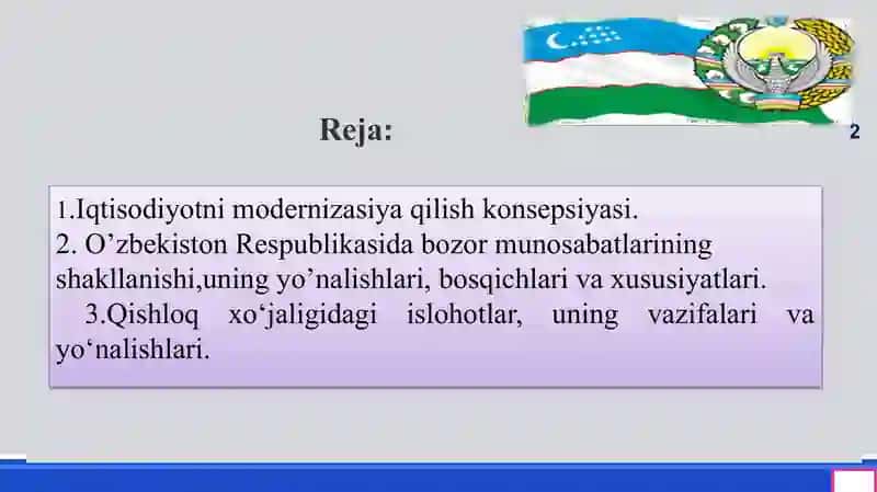 Iqtisodiy islohotlar, xususiy mulkchilikning  shakllanishi. O‘zbekistonda bozor  munosabatlarining rivojlanishi 2