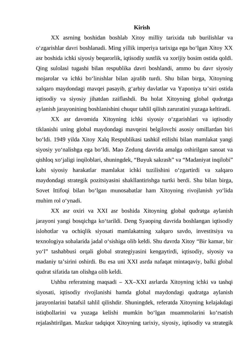 XX-XXI asrlarda Xitoyning global qudratga aylanish jarayoni 2