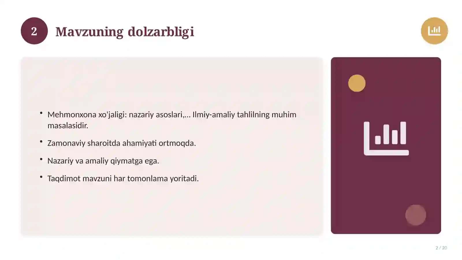 Mehmonxona xo'jaligi: nazariy asoslari, integratsion yondashuvda (Magistrlik dissertatsiyasi mavzusi) 2
