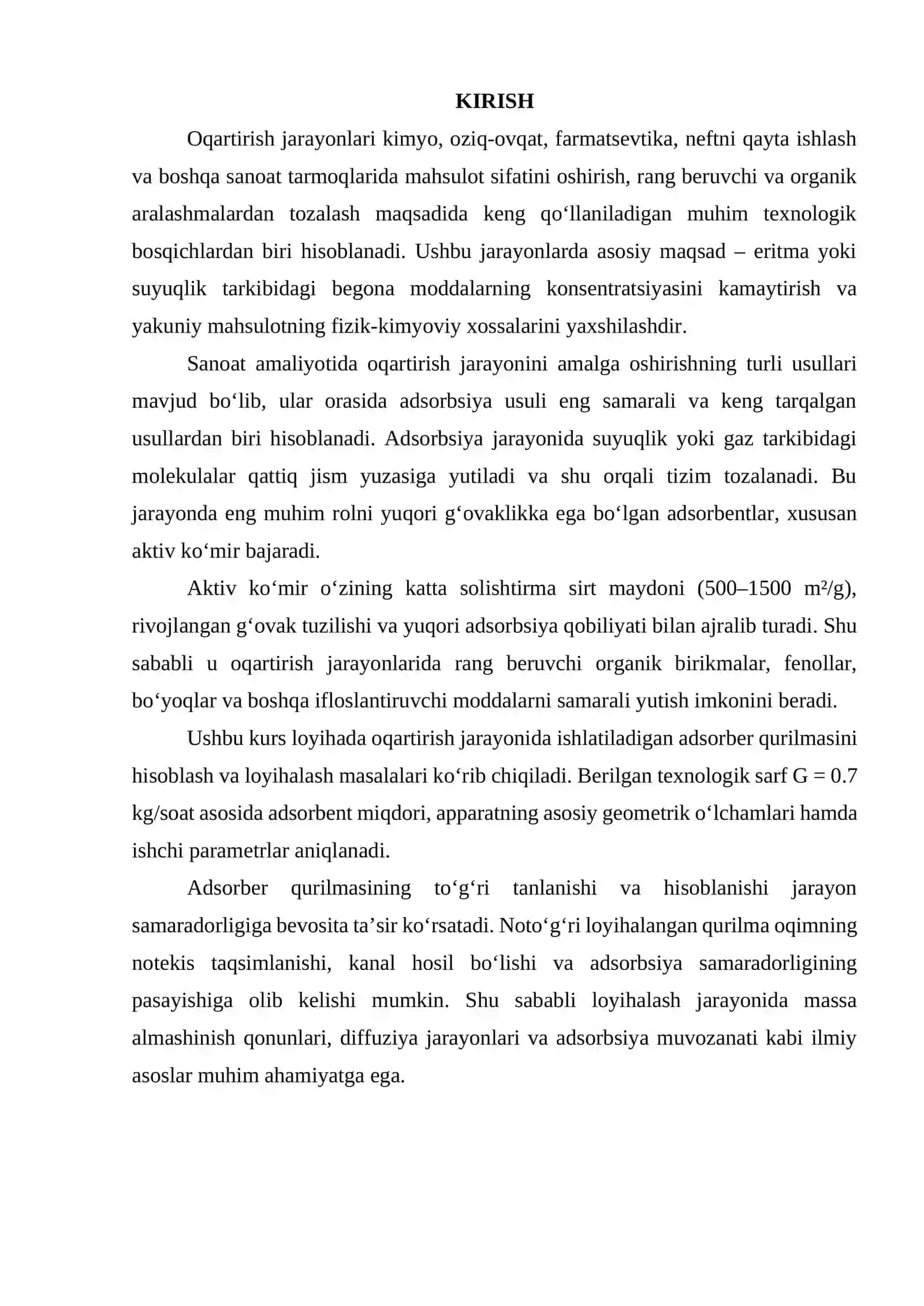 Oqartirish jarayonida adsorber (aktiv ko'mir) ni hisoblash. G = 0.7 kg/soat 2