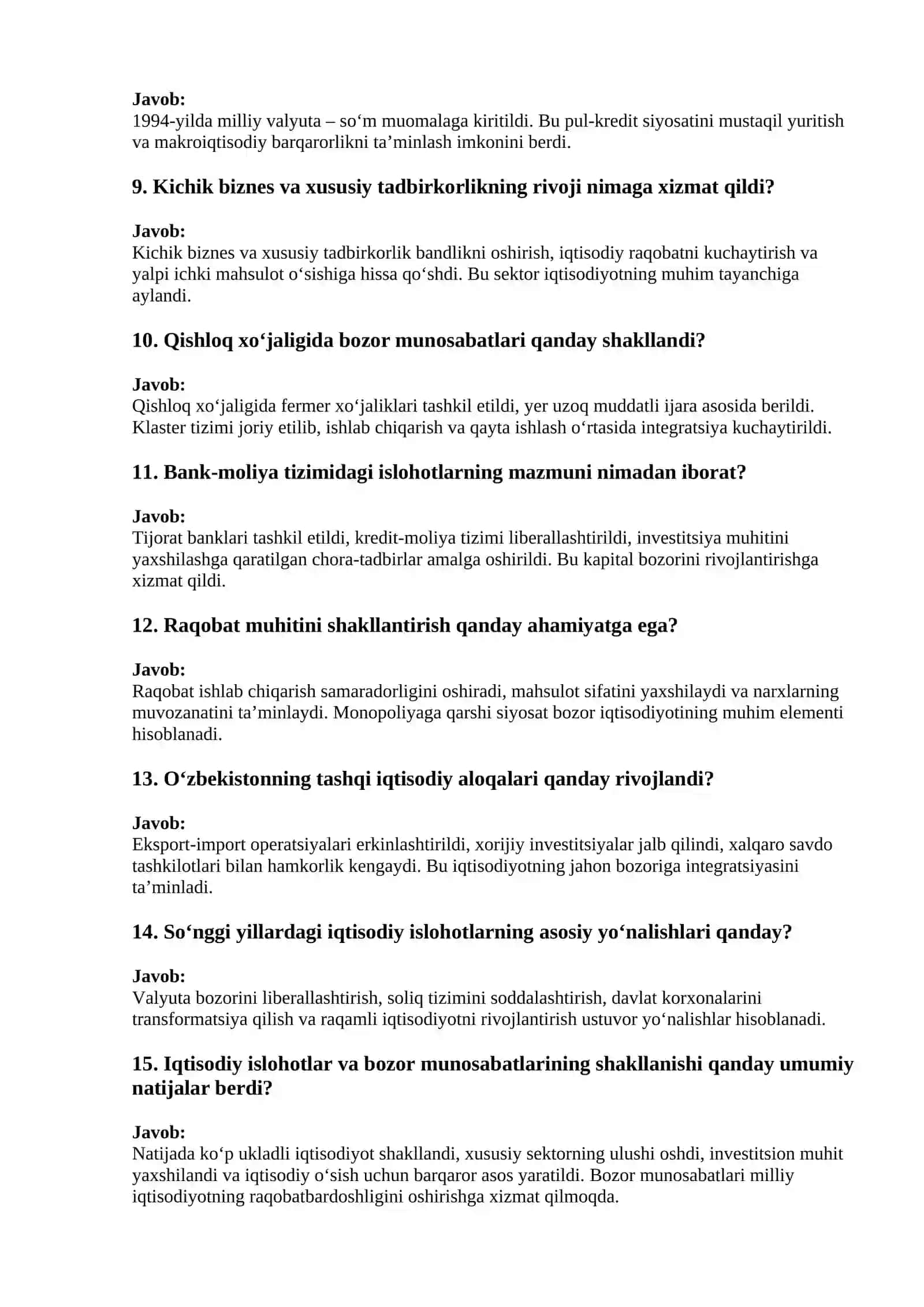 Iqtisodiy islohotlar, xususiy mulkchilikning shakllanishi va O‘zbekistonda bozor munosabatlarining shakllanishi 2