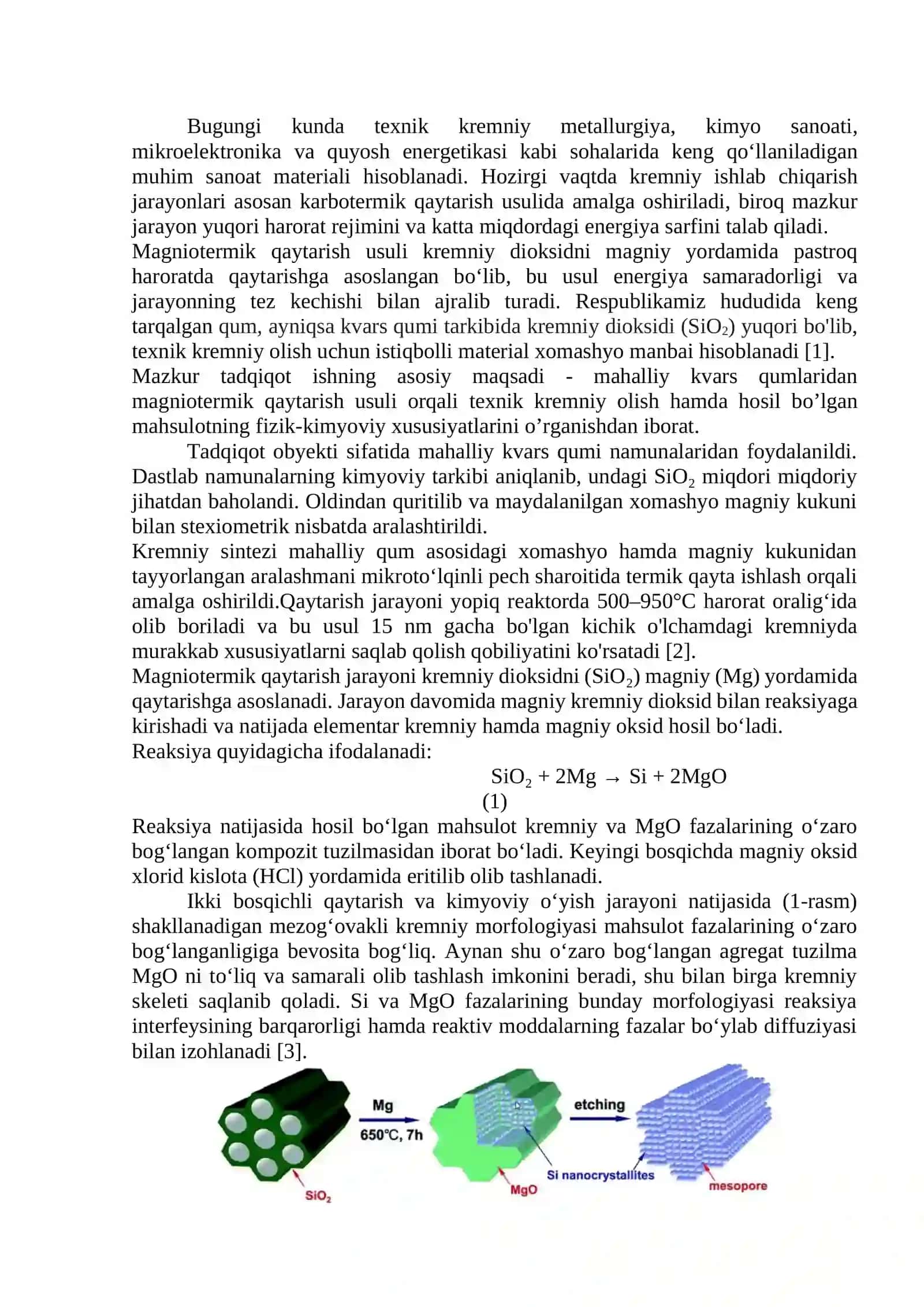 MAGNIOTERMIK QAYTARISH USULI ORQALI MAHALLIY KVARS QUMLARIDAN TEXNIK KREMNIY OLISH TEXNOLOGIYASI 2