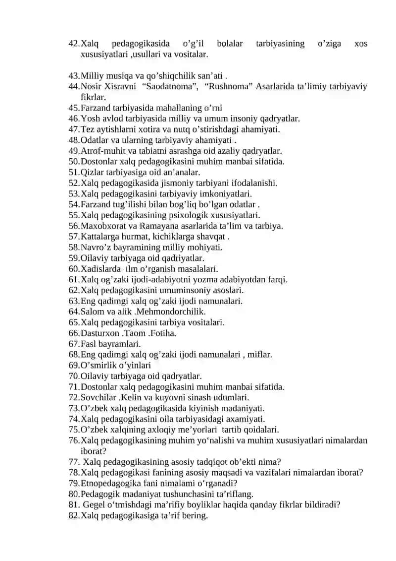 Xalq pedagogikasi fanidan savollar 2